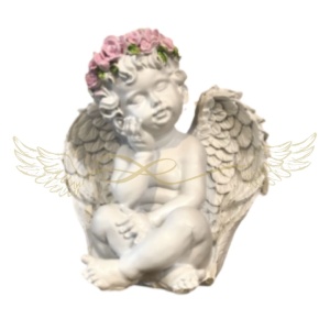 Angyal ülő nagyszárnyú +rózsakoszorú 12x10 cm