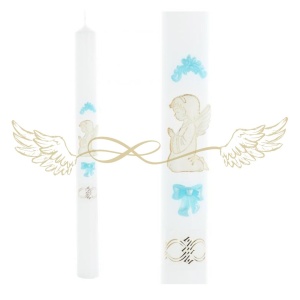 Gyertya fehér, 3D-s kék színű angyal díszítéssel, 3,5 cm x 40 cm-es